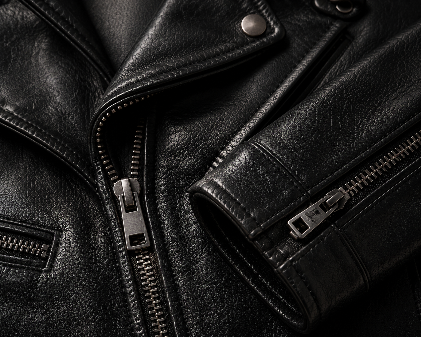 VELMONT Leather Genuine Leather Biker Jacket side detail close-up showcasing quality stitching and premium leather finish