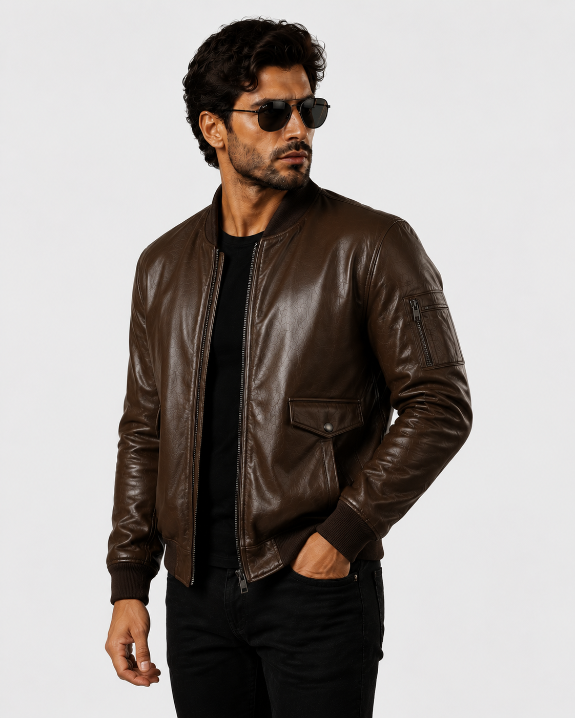 Men's Brown Genuine Leather Bomber Jacket Side Profile - VELMONT Leather