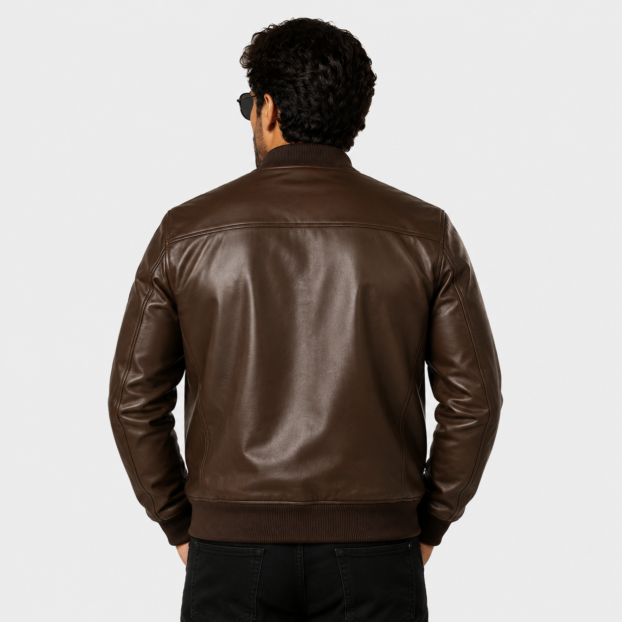 Back View of Brown Genuine Leather Bomber Jacket for Men - VELMONT Leather