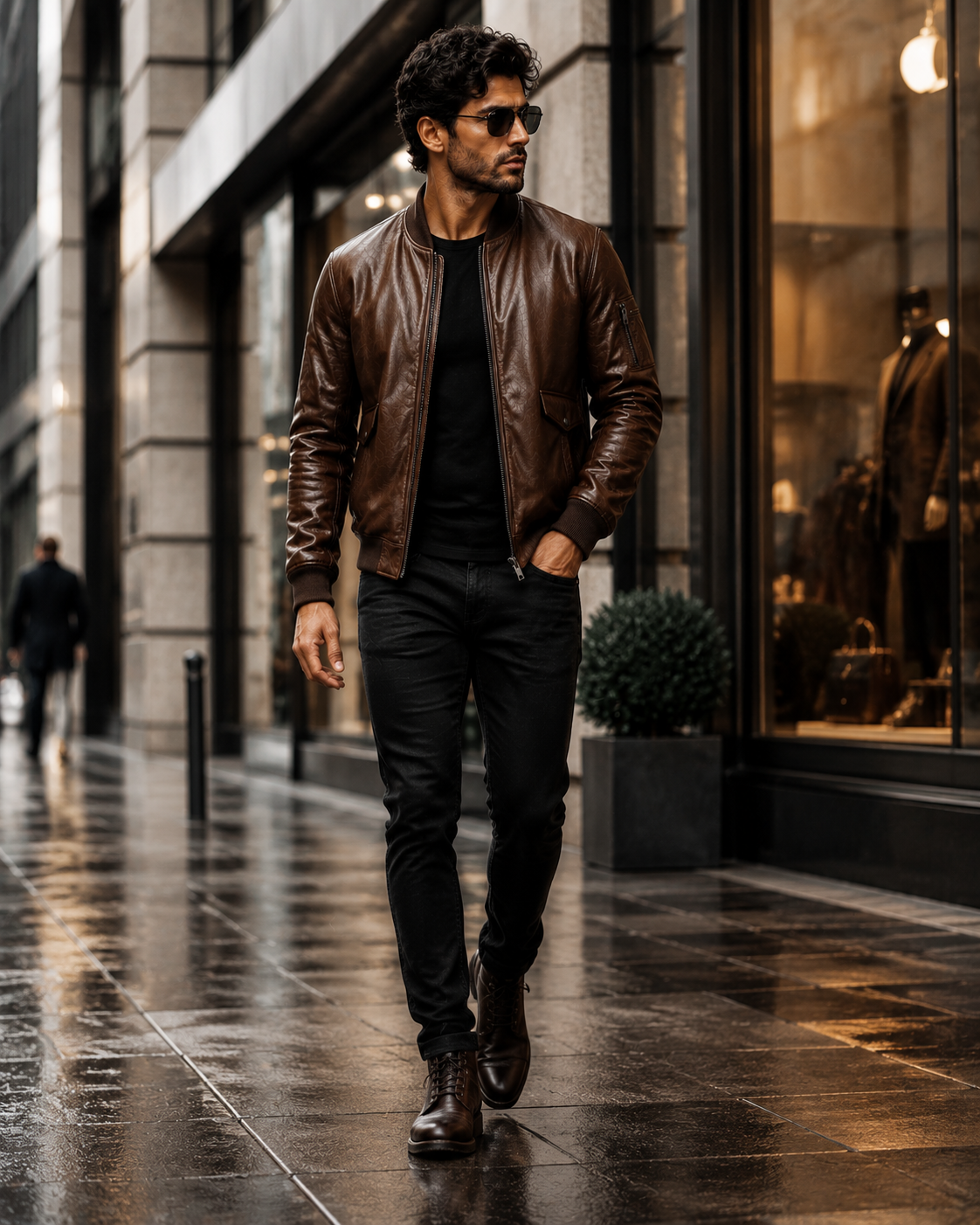 Premium Brown Genuine Leather Bomber Jacket for Men in a City Lifestyle - VELMONT Leather