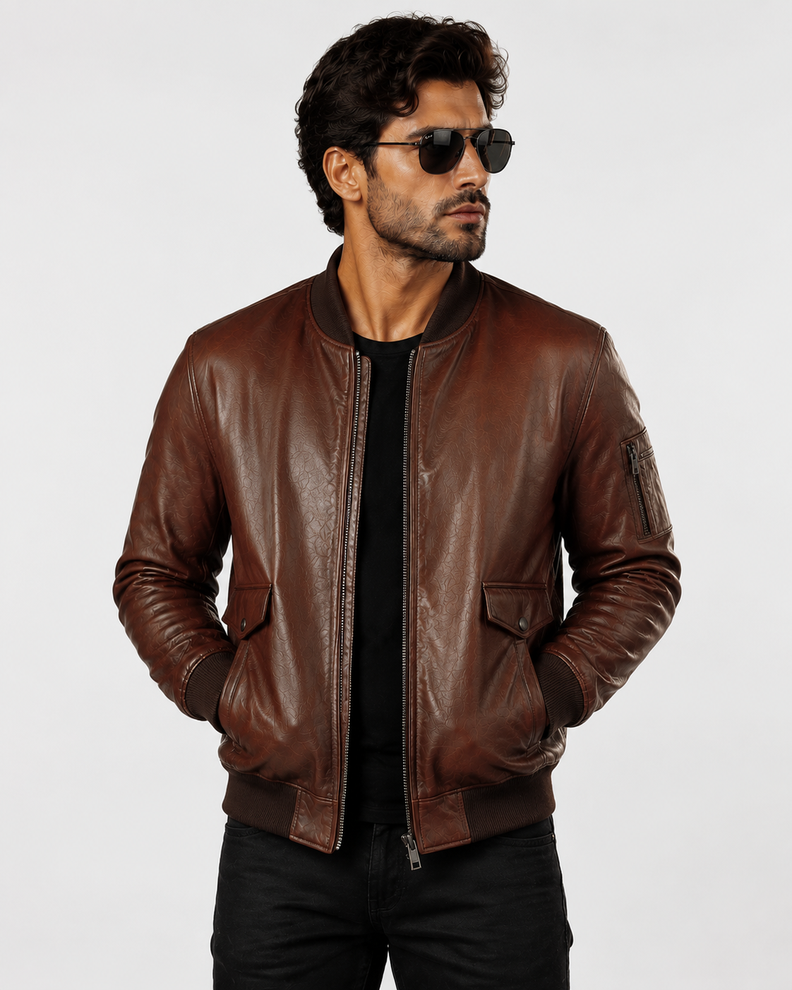 Premium Men's Genuine Leather Bomber Jacket Front View - VELMONT Leather