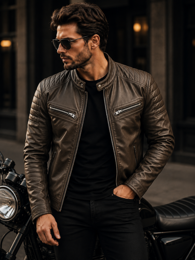 Black Leather Biker Jacket Front View