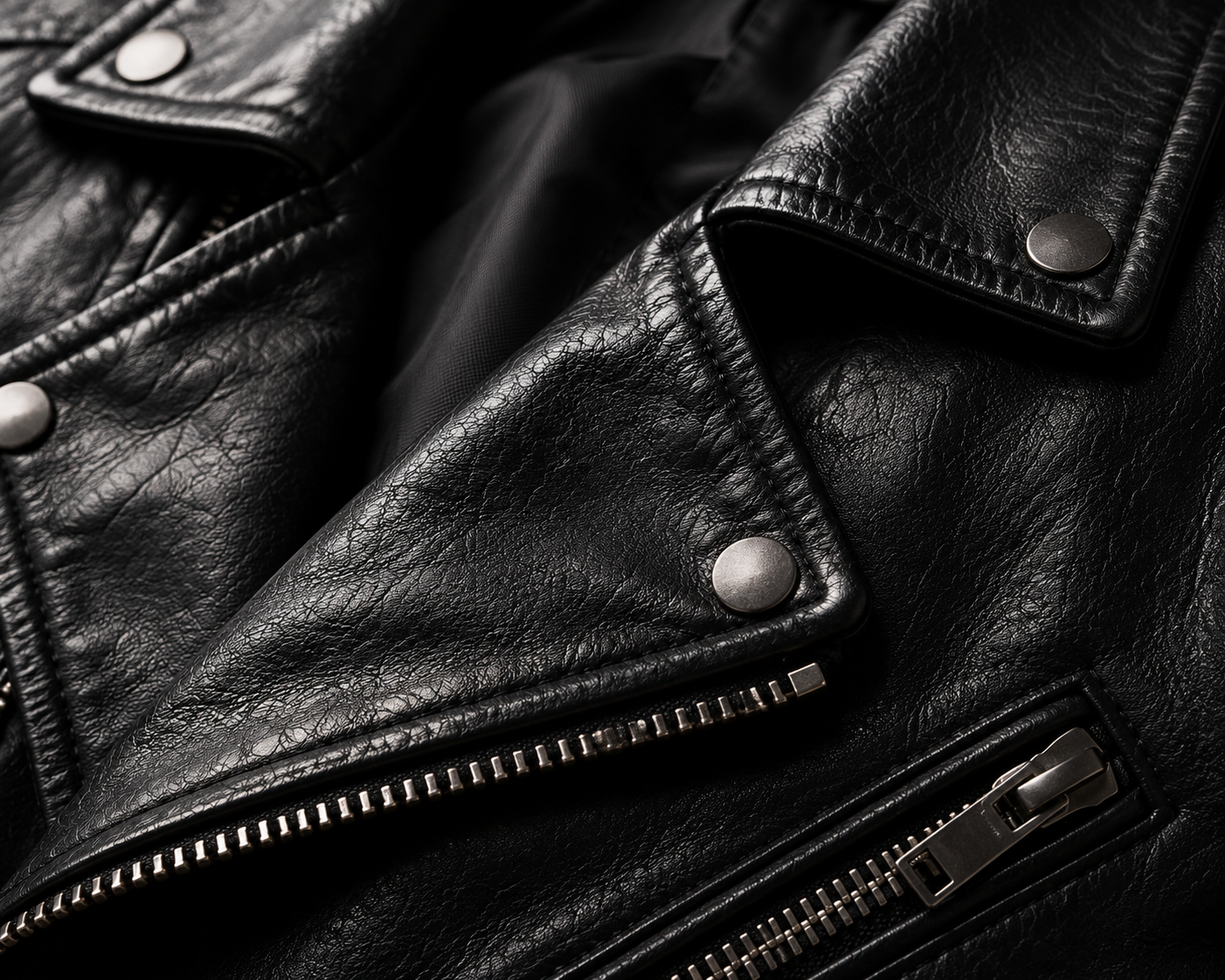 VELMONT Leather Genuine Leather Biker Jacket collar and neck detail close-up with premium craftsmanship