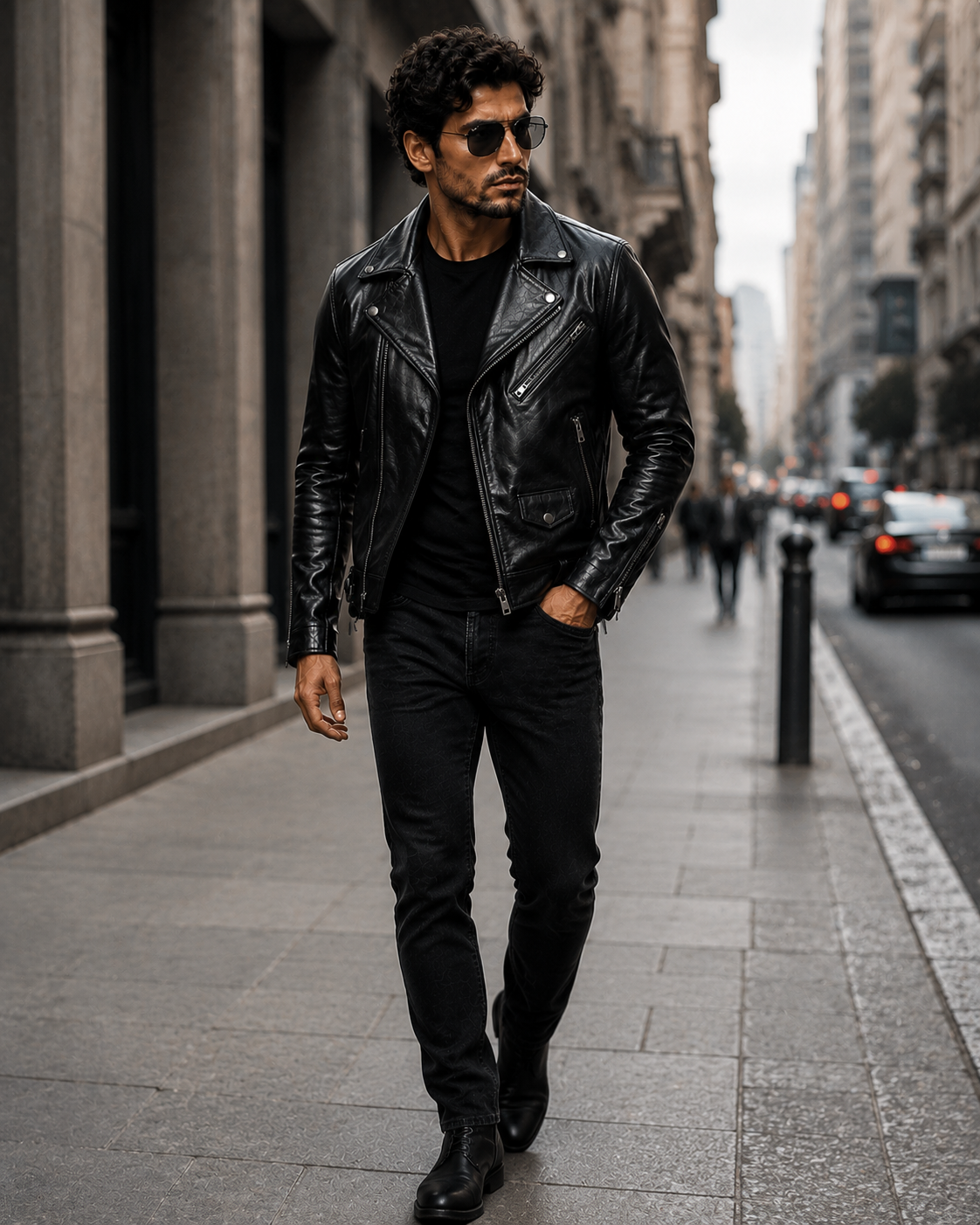 VELMONT Leather Genuine Leather Biker Jacket lifestyle image showcasing premium black leather style