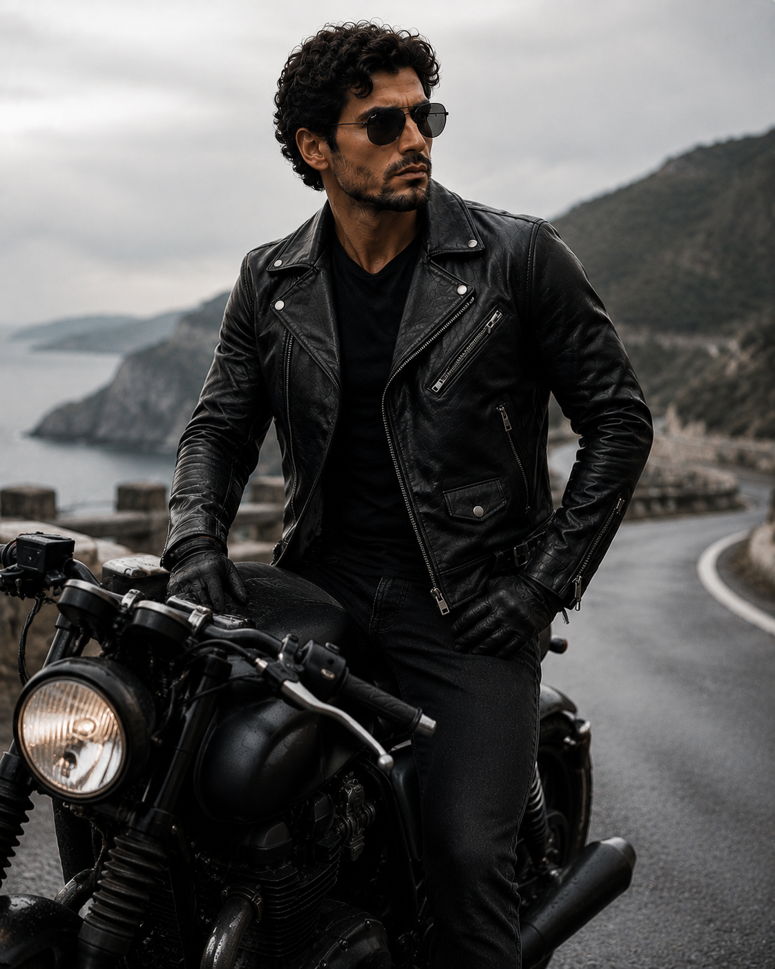 VELMONT Leather Genuine Leather Biker Jacket lifestyle image featuring modern biker style and premium black leather design