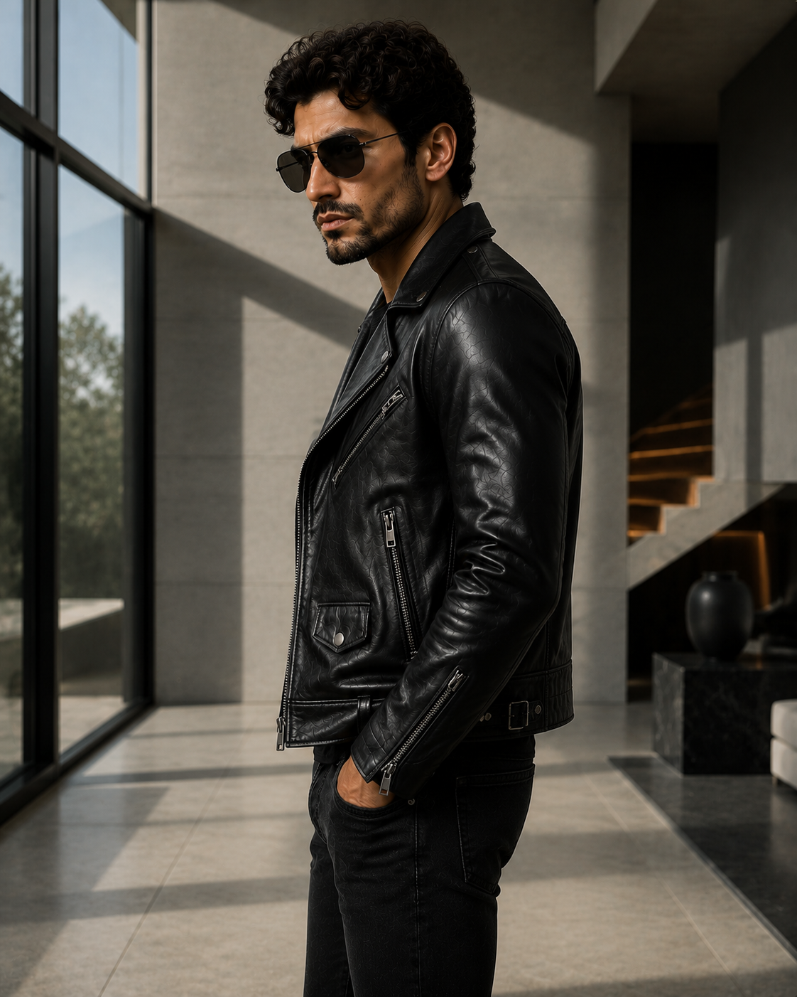 VELMONT Leather Genuine Leather Biker Jacket side view showcasing premium black leather craftsmanship