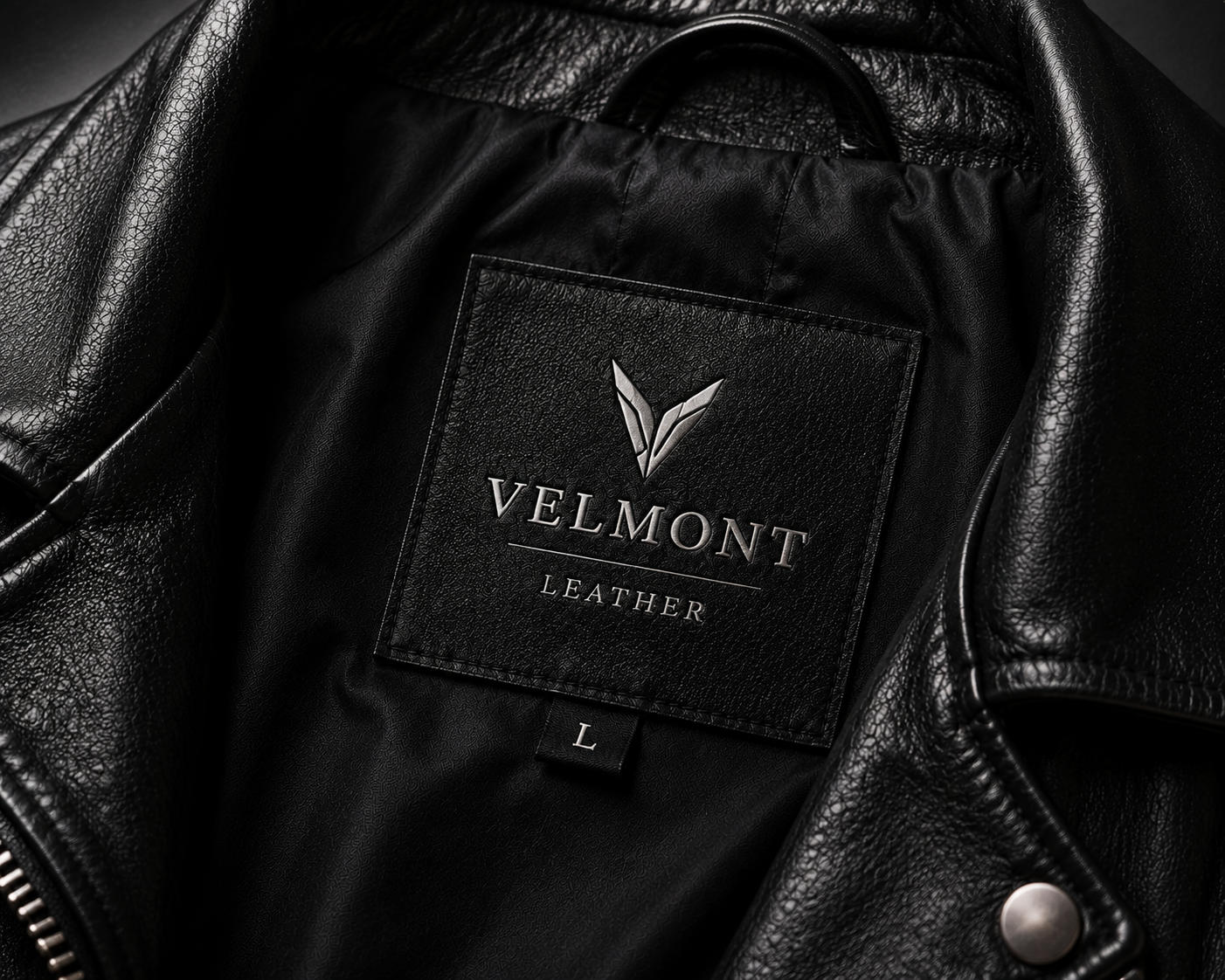 VELMONT Leather inner tag detail of Genuine Leather Biker Jacket
