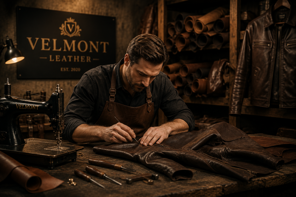 VELMONT Leather artisan crafting a premium genuine leather jacket in a luxury leather workshop.