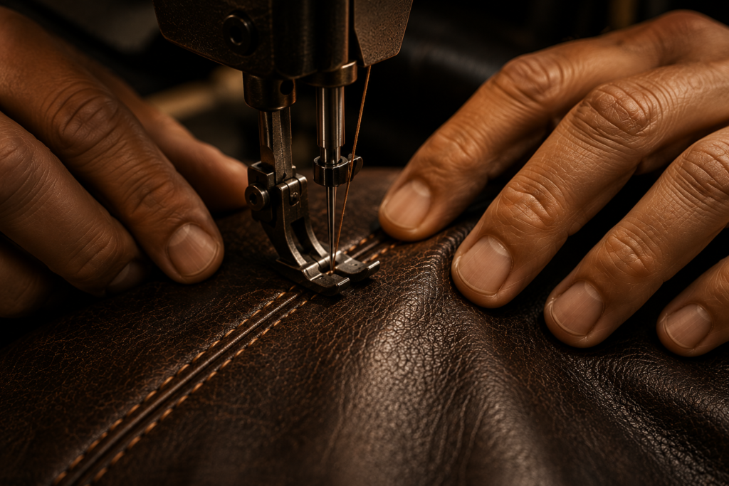 Close-up of handcrafted leather stitching on a premium VELMONT Leather jacket, highlighting expert craftsmanship and precision.
