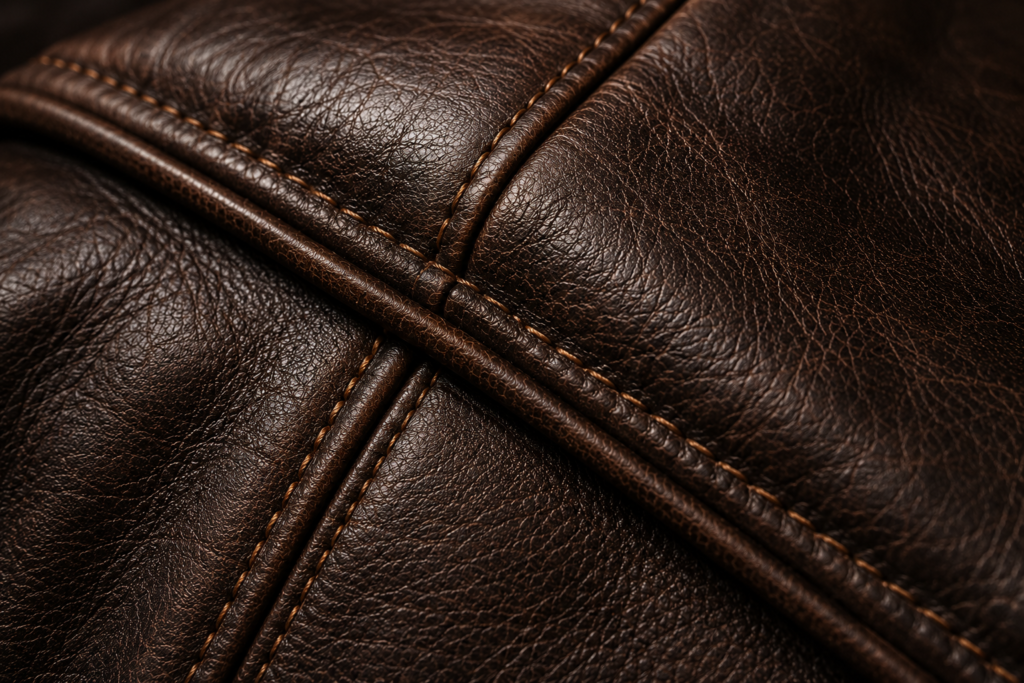 Premium genuine leather texture close-up showcasing VELMONT Leather craftsmanship and natural leather grain.