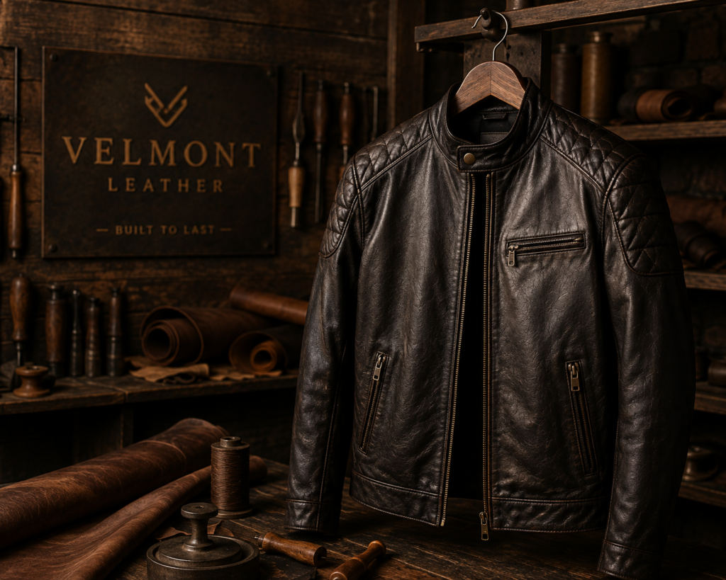 Velmont Leather premium genuine leather jacket displayed in a luxury leather workshop with handcrafted craftsmanship and vintage tools