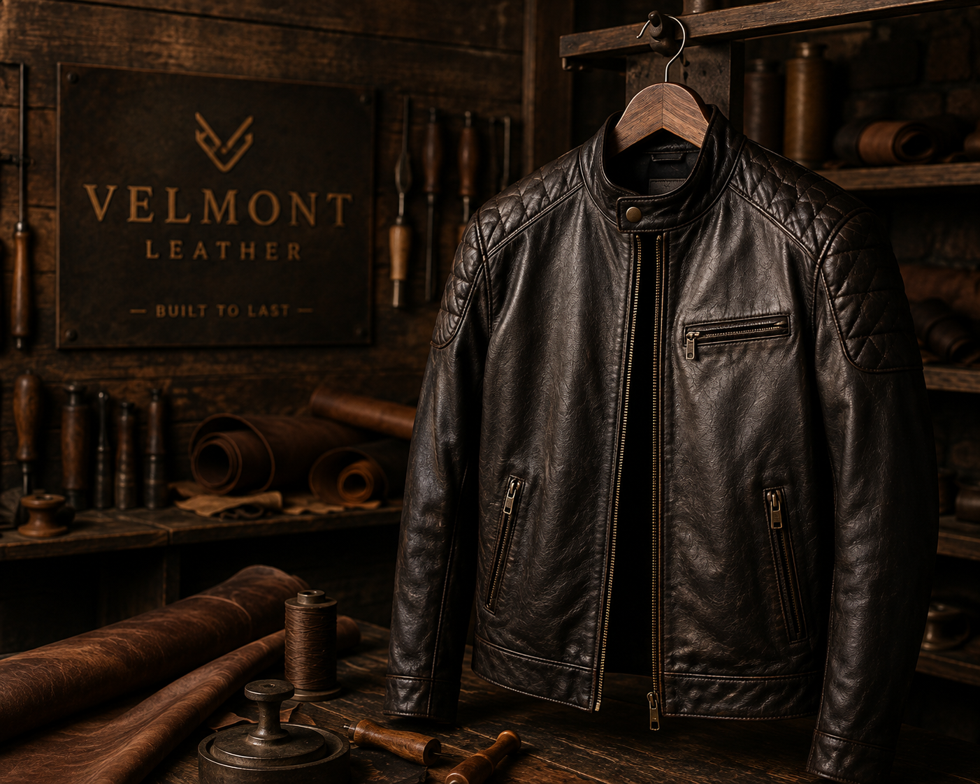Velmont Leather premium genuine leather jacket displayed in a luxury leather workshop with handcrafted craftsmanship and vintage tools