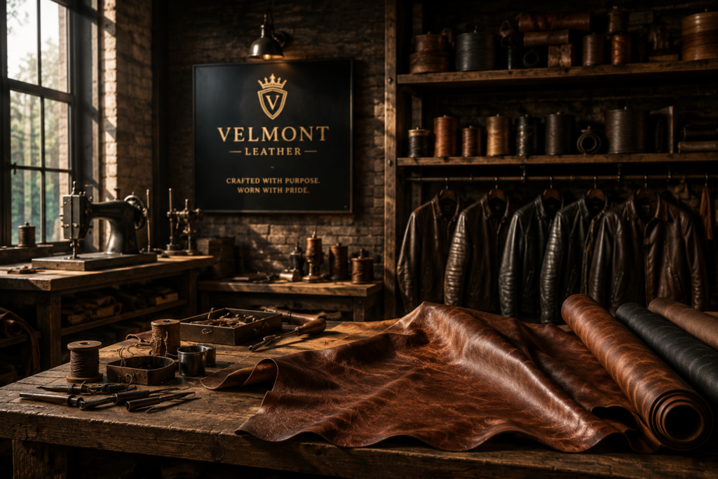 Velmont Leather premium genuine leather jacket displayed in a luxury leather workshop with handcrafted craftsmanship and vintage tools