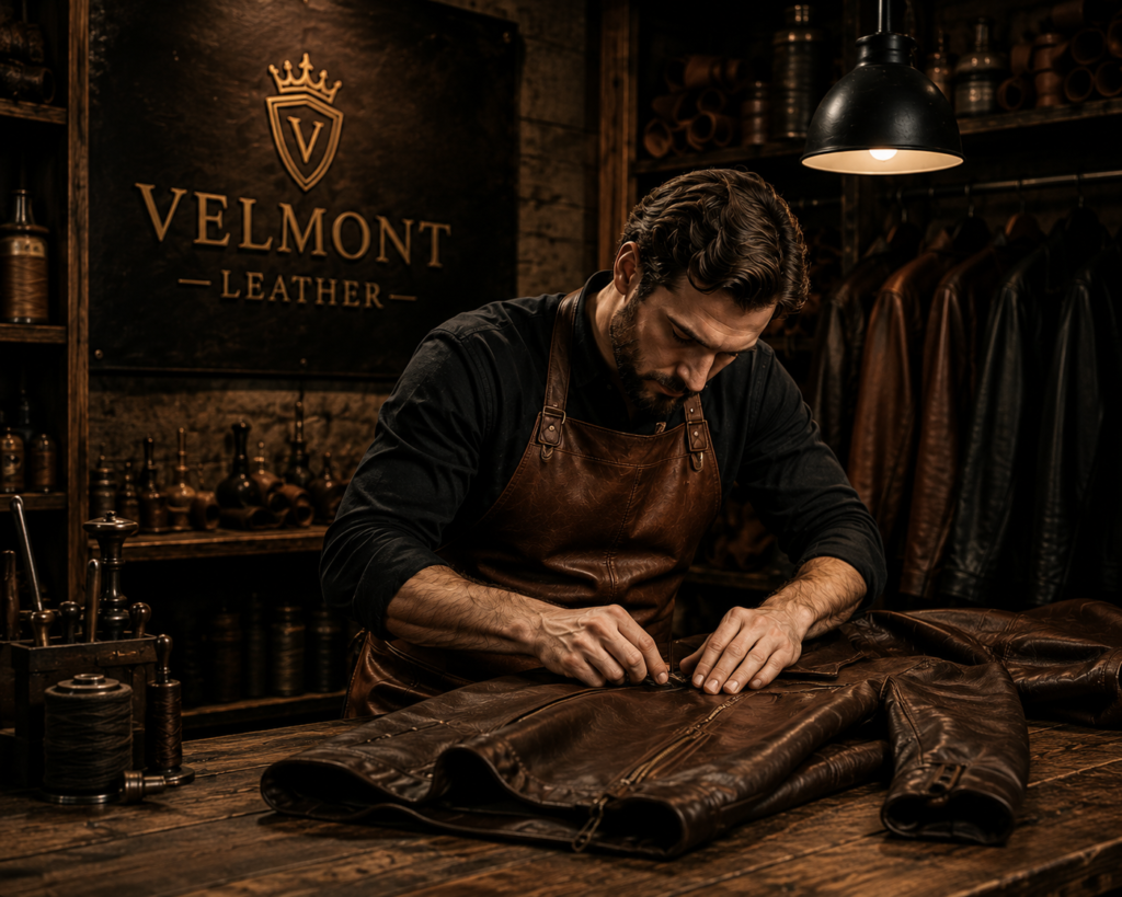 Premium genuine leather jacket craftsman at Velmont Leather workshop creating handcrafted leather jackets
