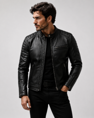 VELMONT Leather Men's Genuine Leather Racer Jacket Black